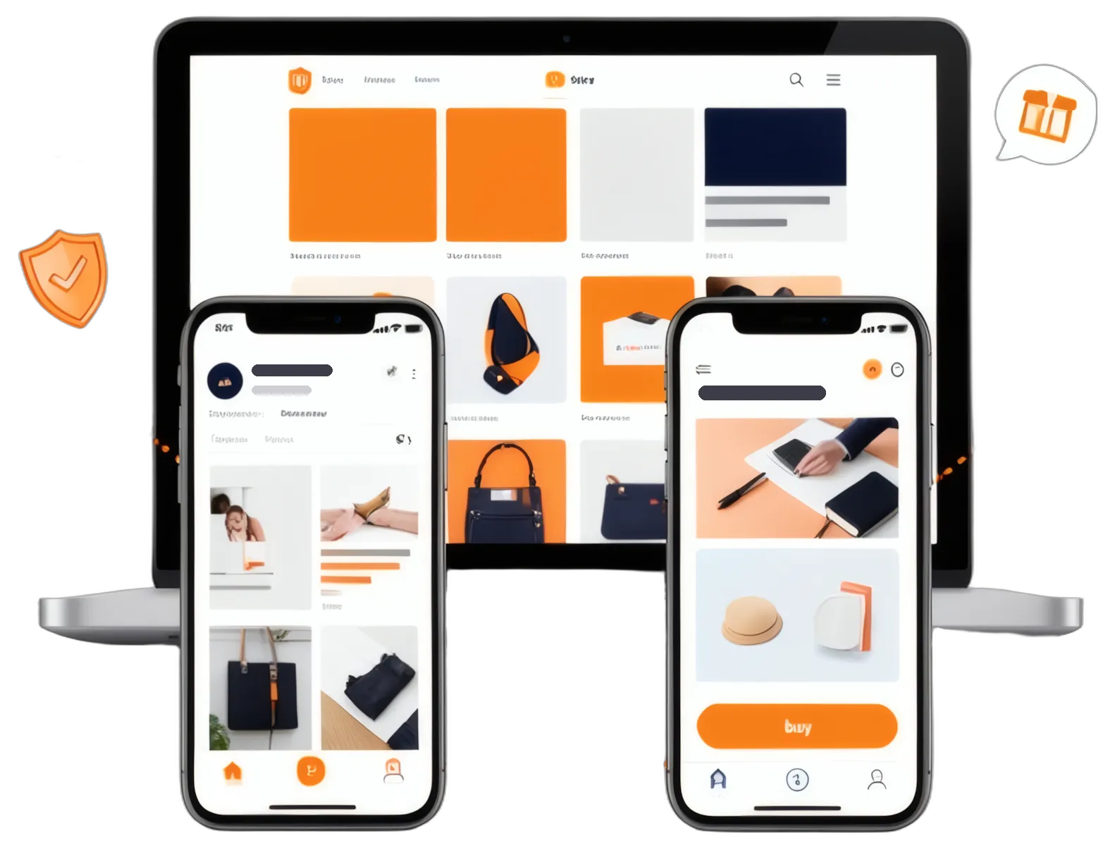 Mobile app development company illustration — the same shopping app on an Android phone and an iPhone, synced with the online store on a laptop