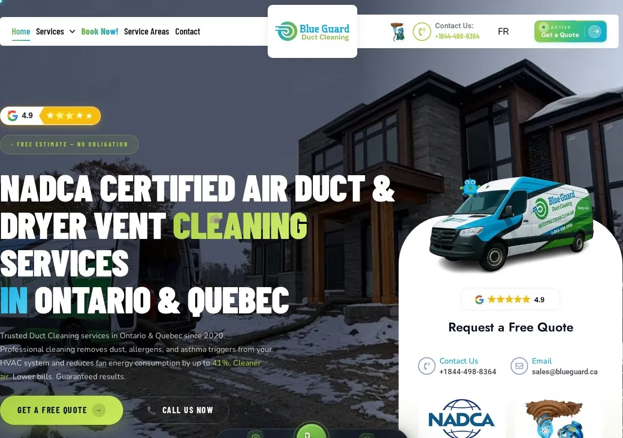 blueguard.ca-র হোমপেজ — WebDesignerBD-এর বানানো এয়ার ডাক্ট ক্লিনিং কোম্পানির ওয়েবসাইট