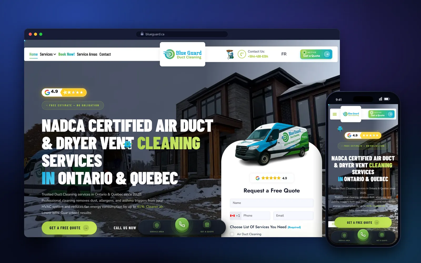 BlueGuard homepage — duct cleaning website design by WebDesignerBD, shown on desktop and mobile