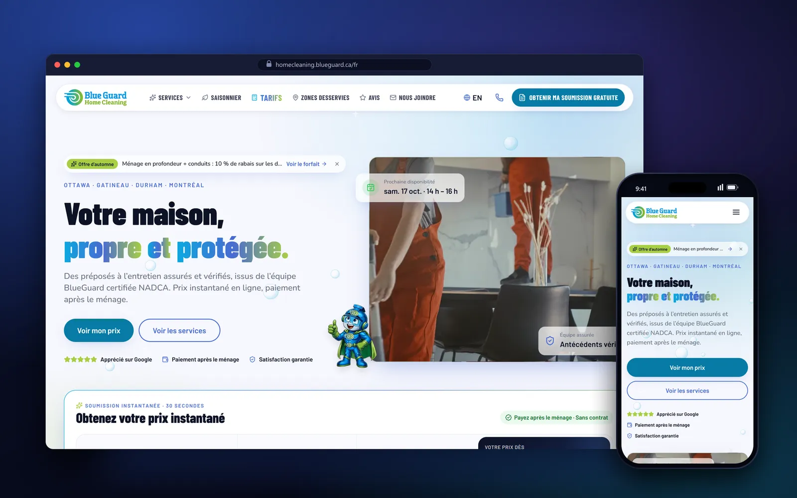 French version of the BlueGuard Home Cleaning homepage, on desktop and mobile