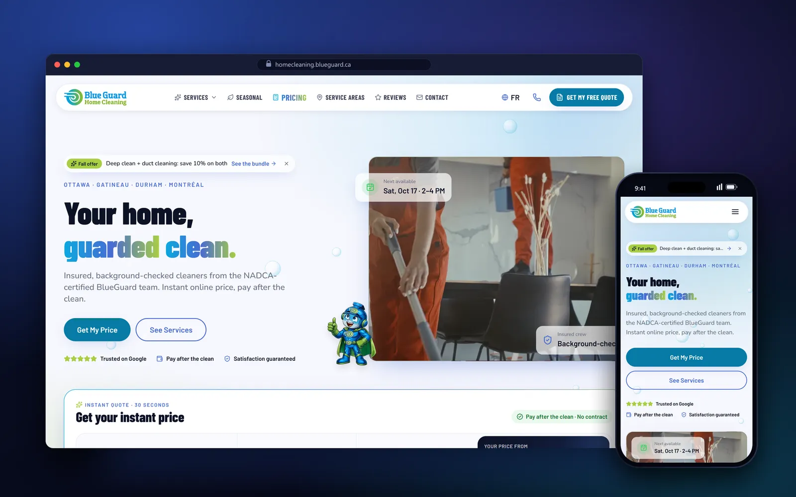 House cleaning website design for BlueGuard Home Cleaning — homepage with its instant quote box, shown on laptop and phone
