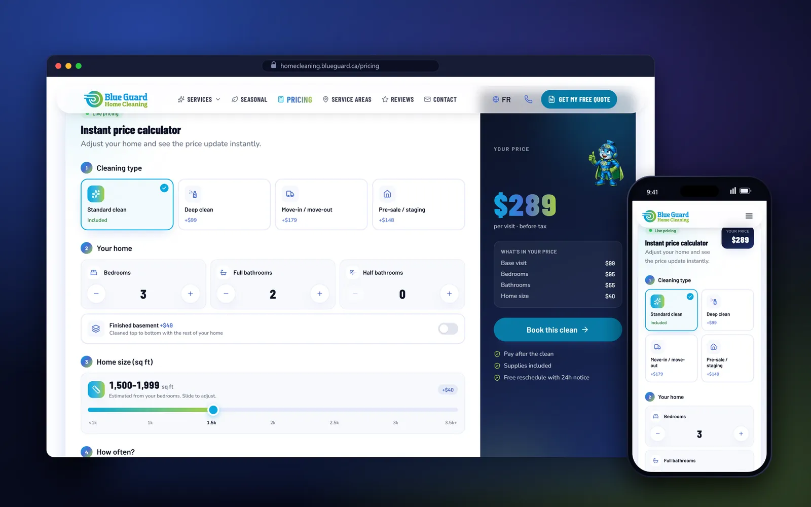 BlueGuard Home Cleaning price calculator that prices a clean from bedrooms, bathrooms and home size, on desktop and mobile