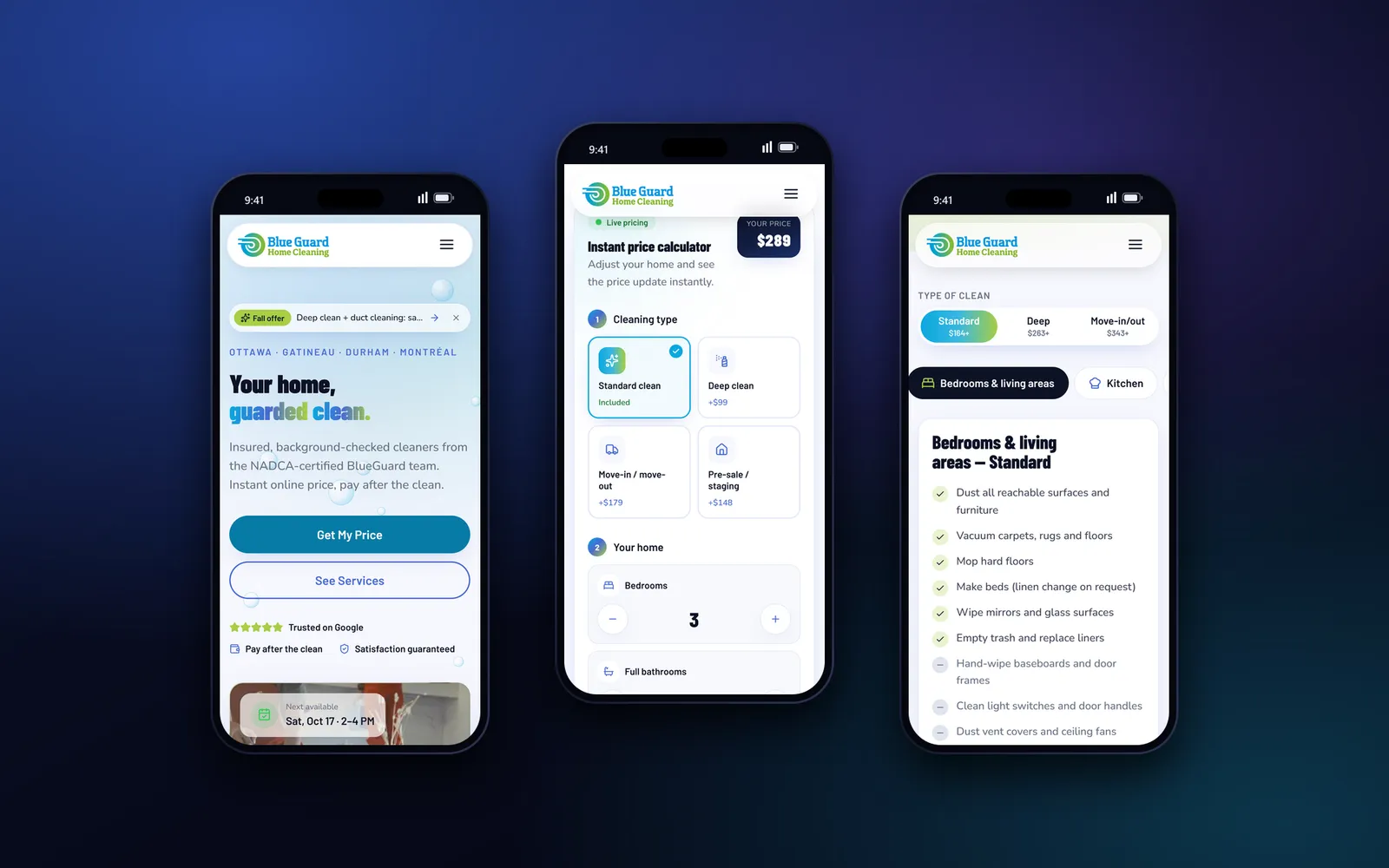 Three phone screens of BlueGuard Home Cleaning: homepage, price calculator and cleaning checklist