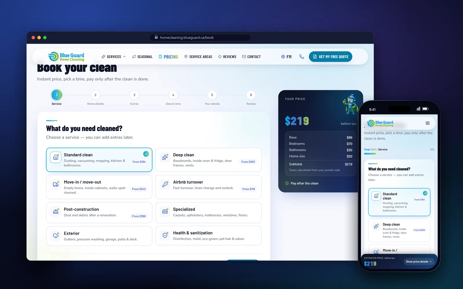 Six-step online booking form on BlueGuard Home Cleaning with service choice and a live price panel