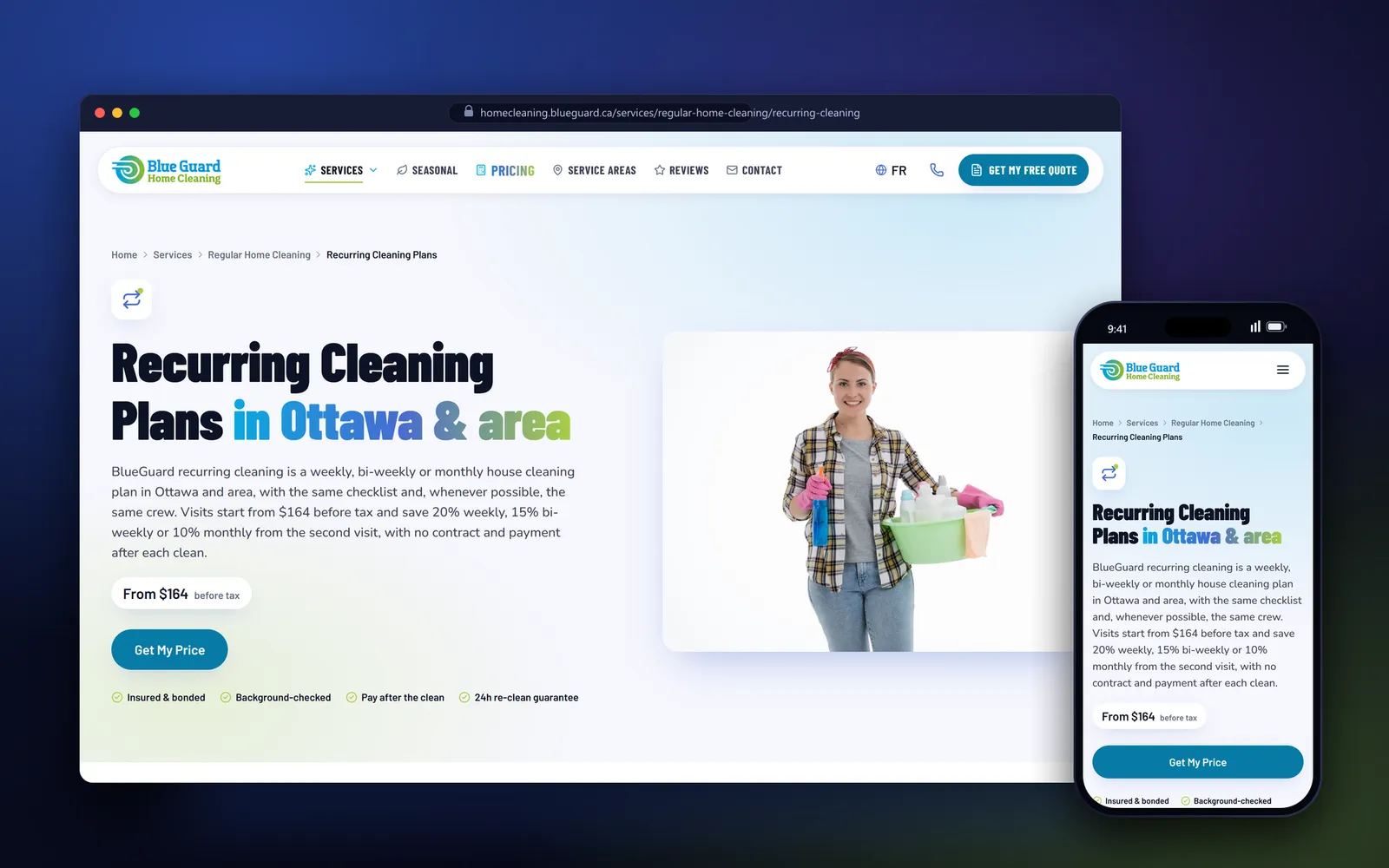Recurring cleaning plans page on BlueGuard Home Cleaning with weekly, bi-weekly and monthly options