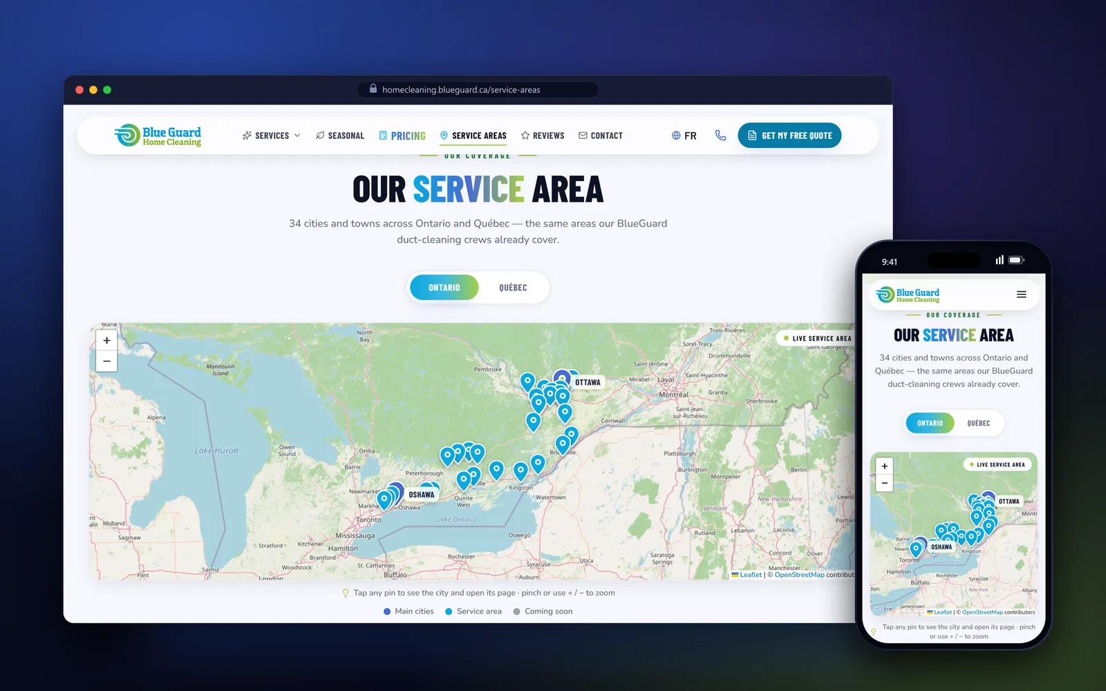 Interactive service area map of 34 Ontario and Quebec cities on BlueGuard Home Cleaning