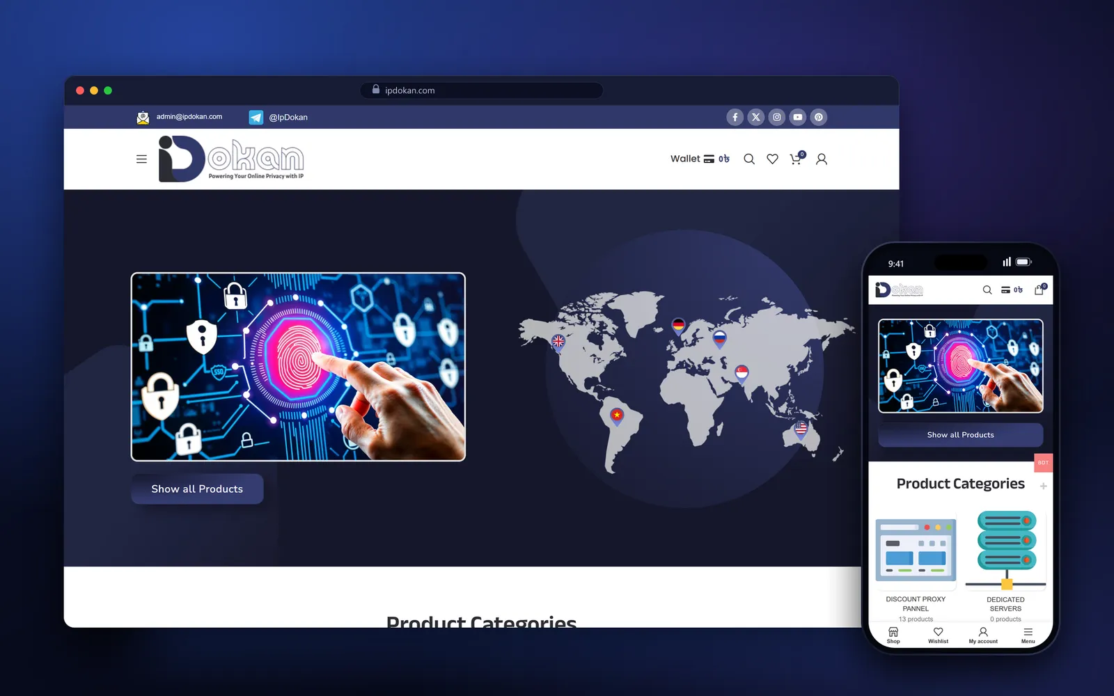 IP Dokan homepage in laptop and phone frames — IP selling website development work by WebDesignerBD