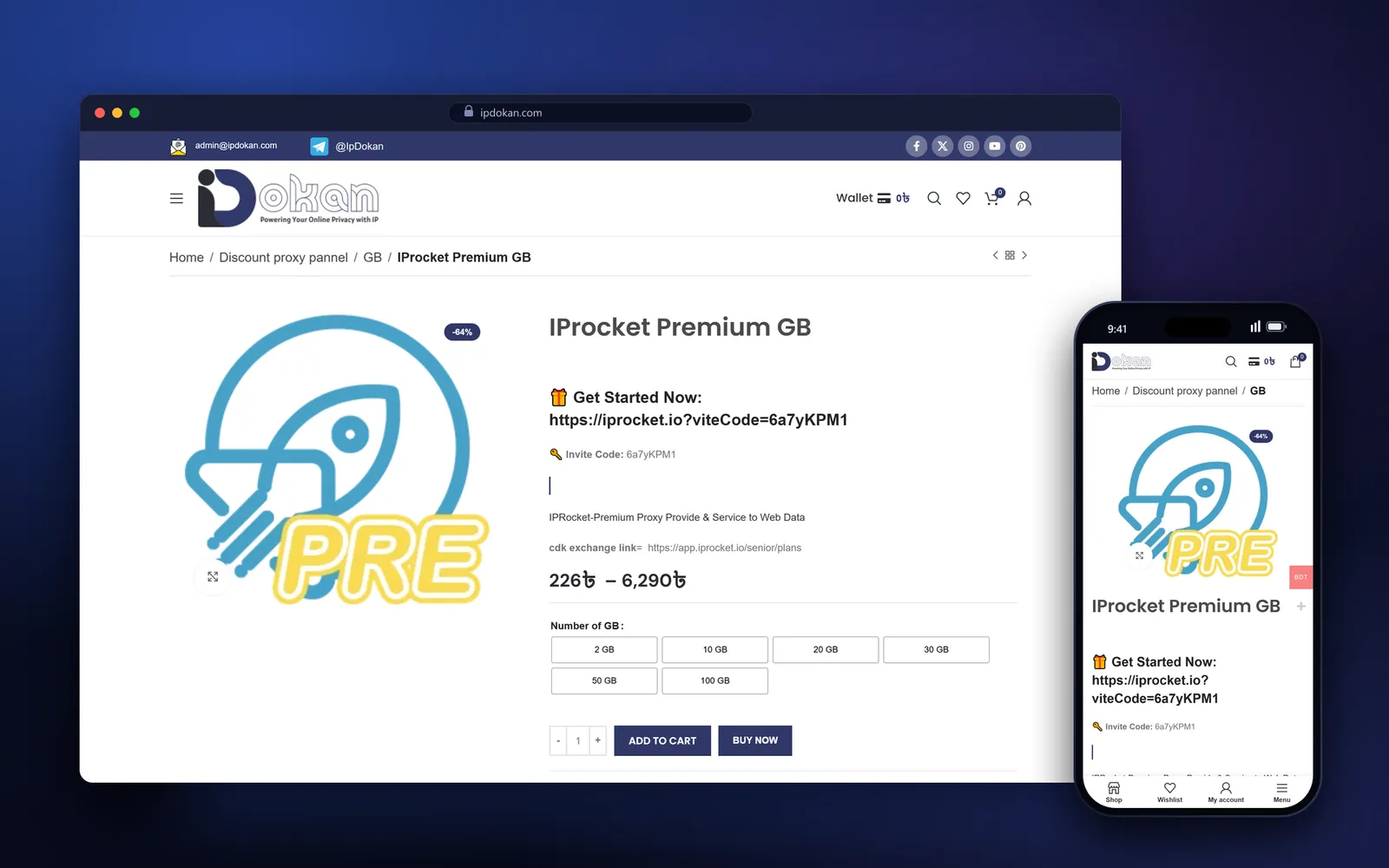 IPRocket Premium GB product page on IP Dokan with an invite code, sign-up link and 2 to 100 GB pack buttons