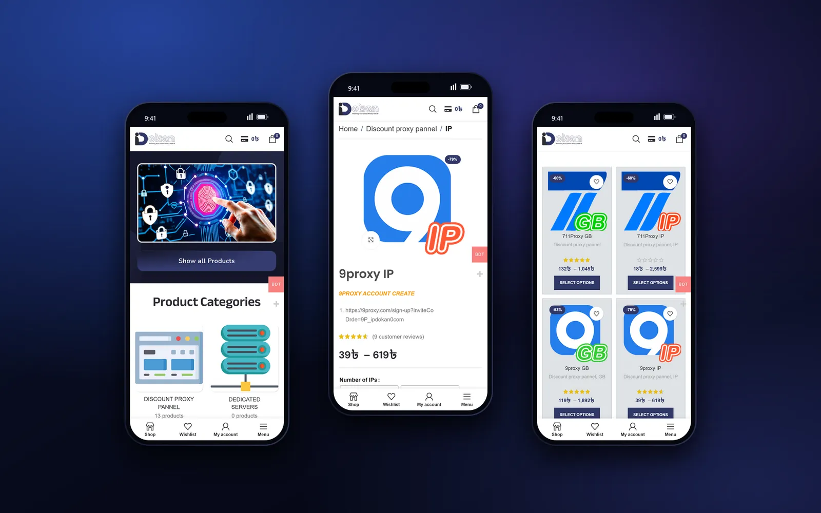 IP Dokan on three phones: the homepage, the 9proxy IP pack page and the shop grid with taka prices