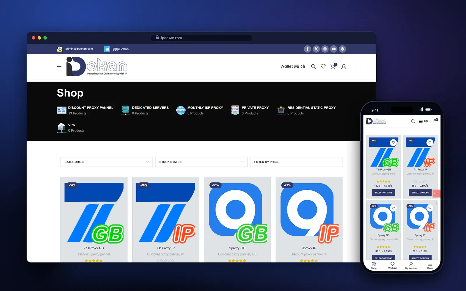 IP Dokan shop page with a category strip, stock and price filters and proxy brand cards priced in taka