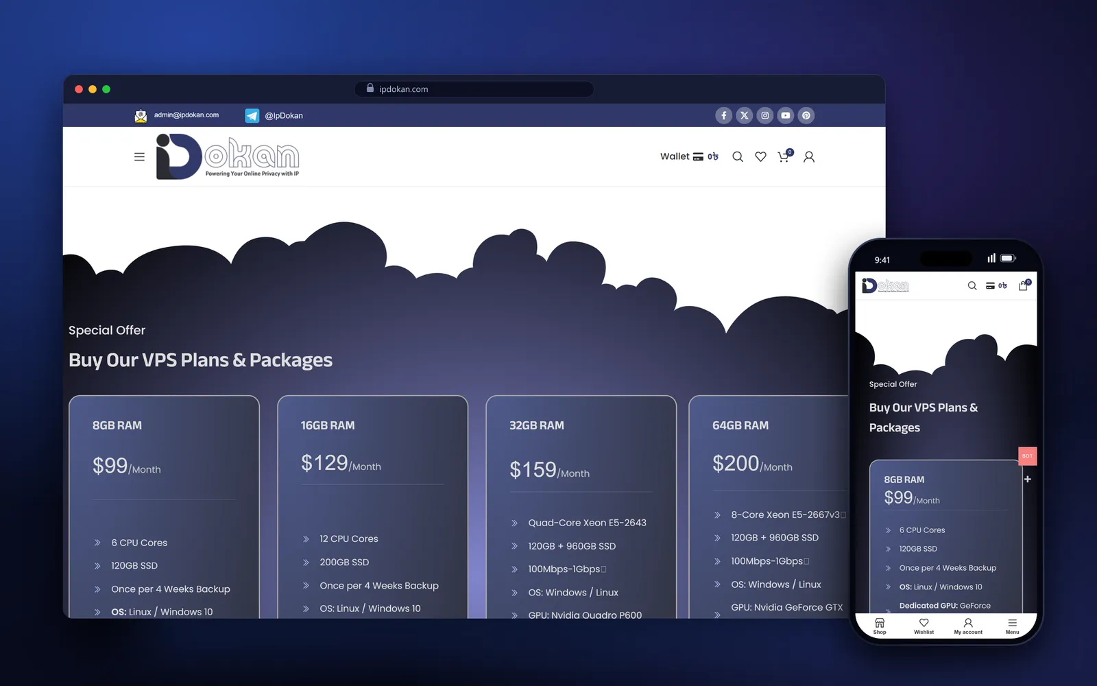 IP Dokan VPS pricing page with four monthly plans from 99 to 200 US dollars, on desktop and mobile