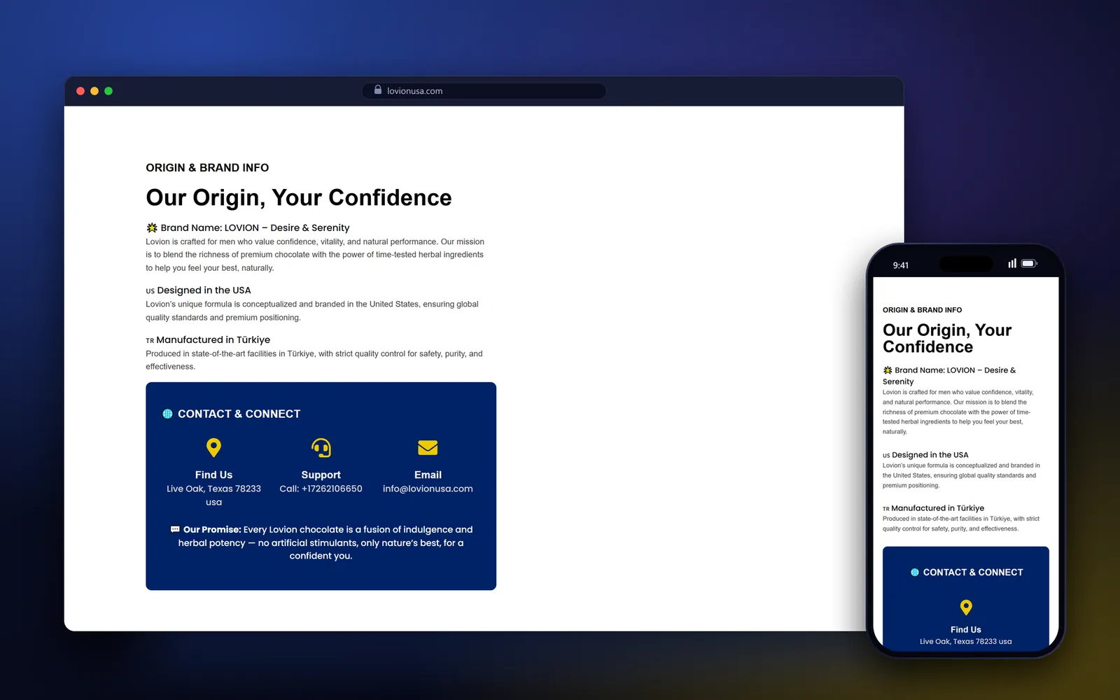 Lovion USA brand origin section and navy contact card with address, phone and email, on desktop and phone