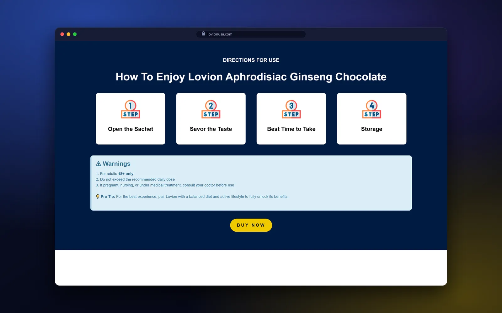 Lovion USA landing page directions section with four numbered step cards, a warnings panel and a Buy Now button