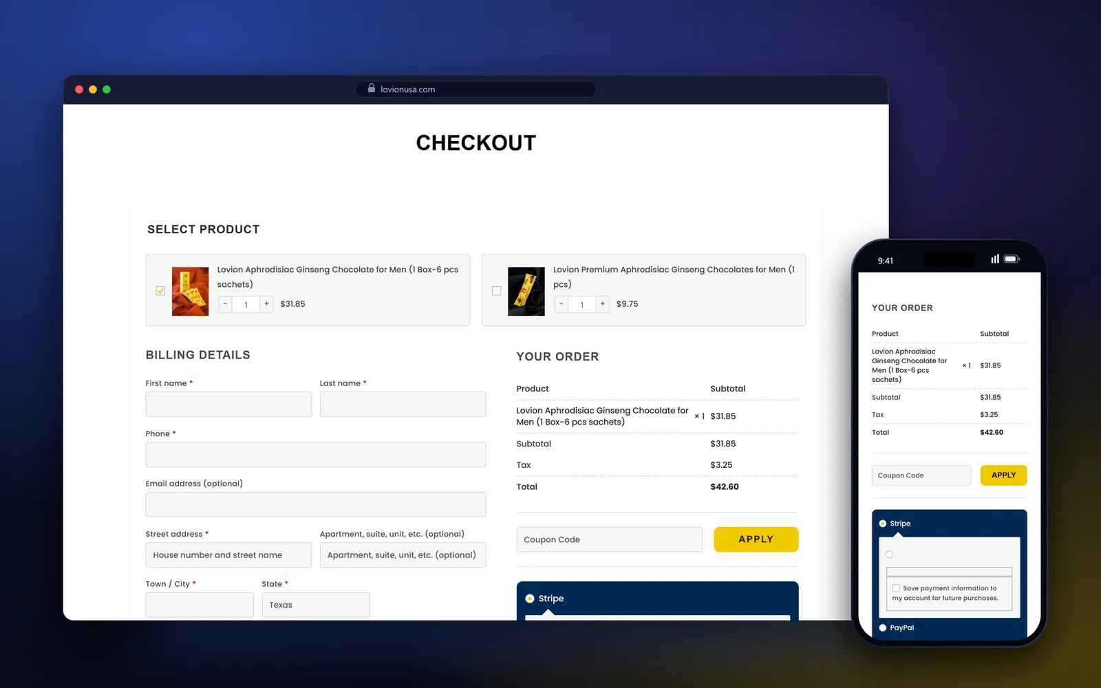 Lovion USA checkout section with product selector cards, US billing fields, order summary, coupon field and payment options