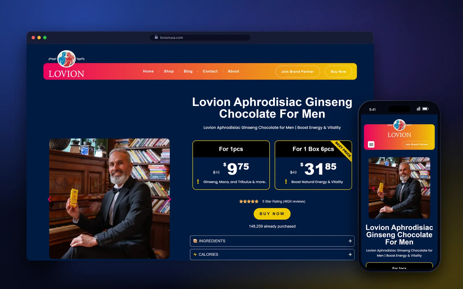 Sales landing page design for Lovion USA in a laptop and phone mockup, with a navy hero and two price cards