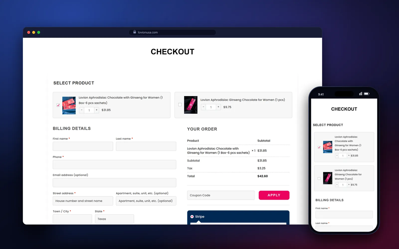 Checkout of the women’s Lovion USA landing page with pink buttons, pack selector cards, billing fields and order summary