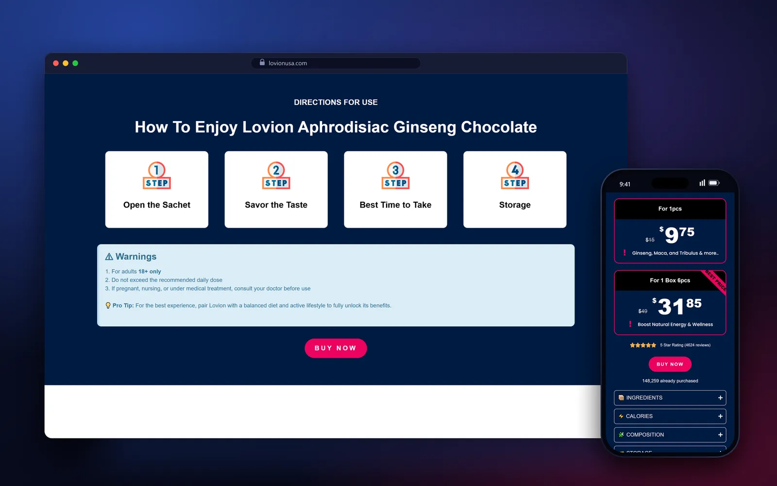 Women’s version of the Lovion USA landing page in pink, with four how-to-use step cards on desktop and stacked price cards on a phone