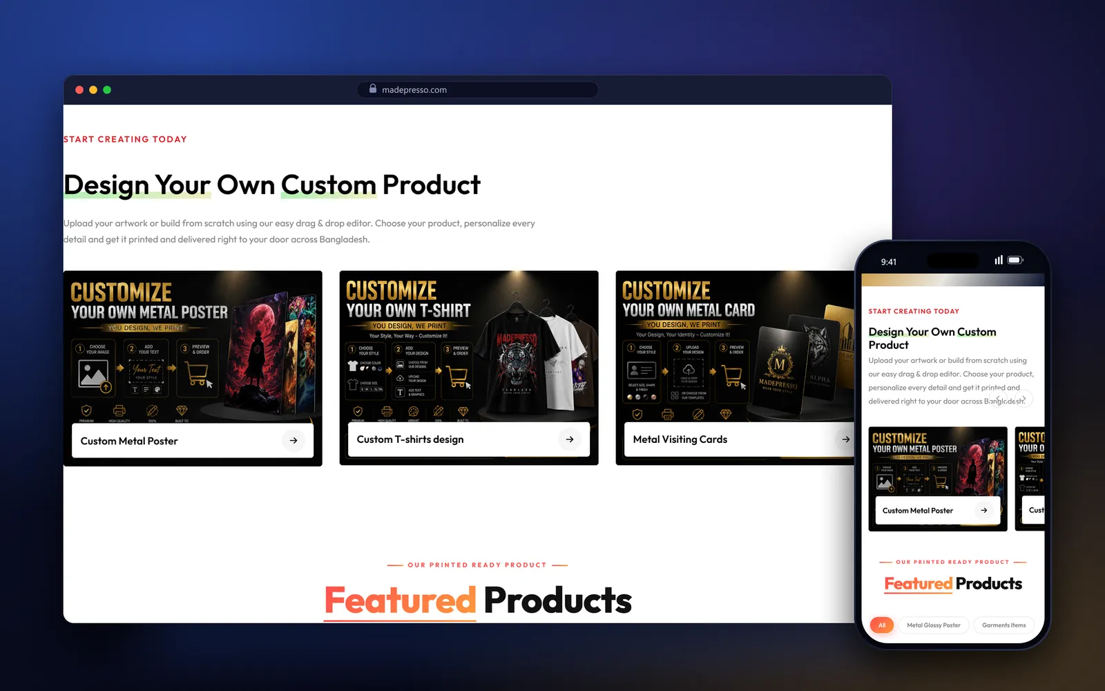 MadePresso homepage section with three cards for designing a custom metal poster, T-shirt or metal visiting card