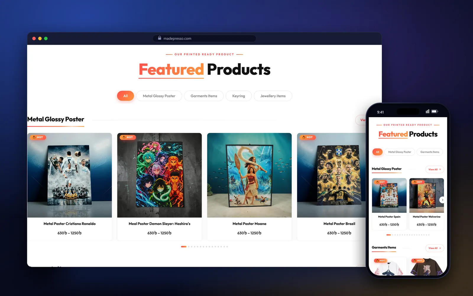 MadePresso featured products section with category tabs and a carousel of metal glossy posters with prices
