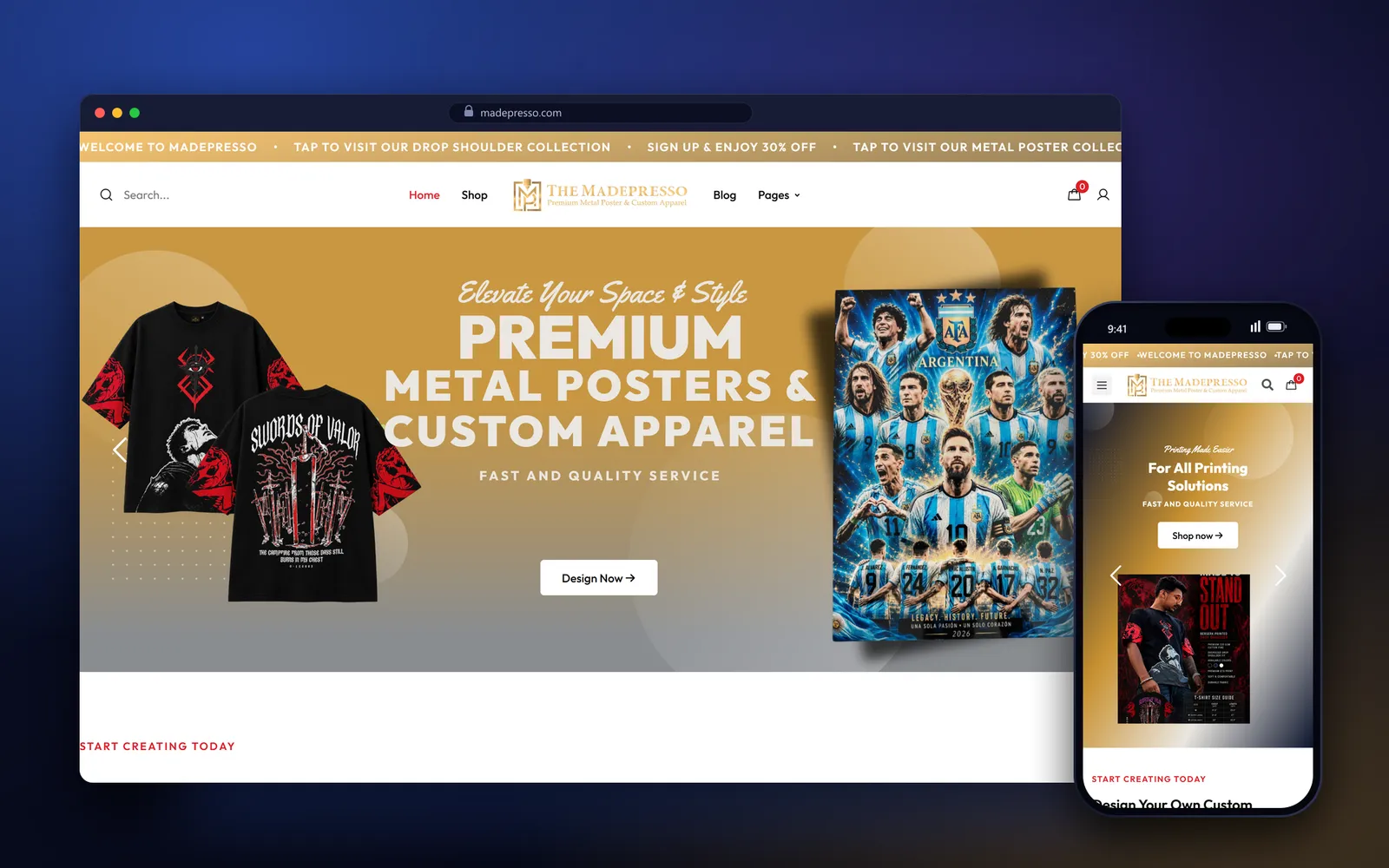 MadePresso homepage on a laptop screen and a phone screen — print on demand website development by WebDesignerBD