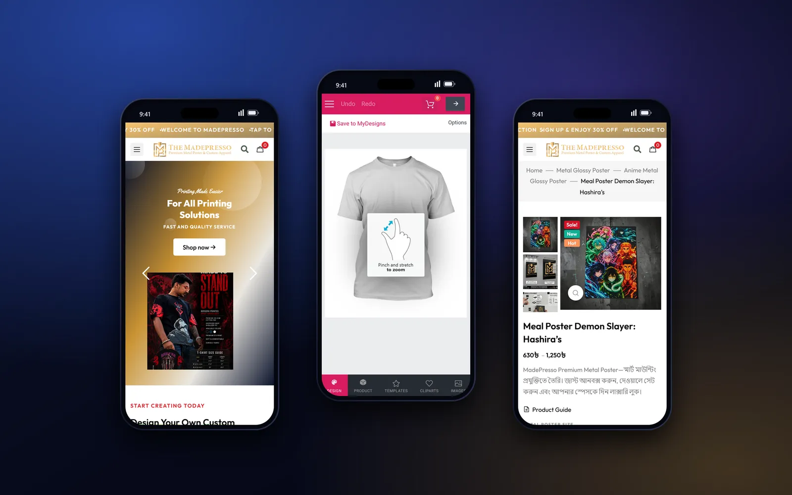 Three phone screens of the MadePresso print on demand website: homepage, online T-shirt designer and metal poster product page