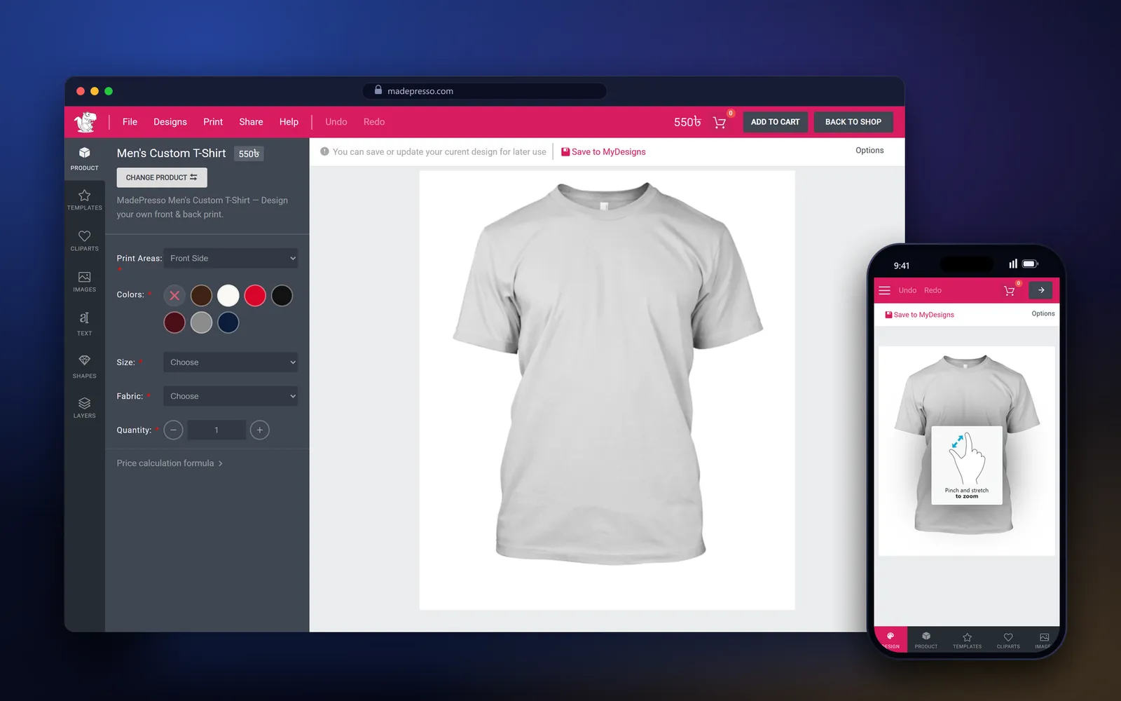 MadePresso online product designer with a blank T-shirt, print area selector, colour swatches, size and fabric options