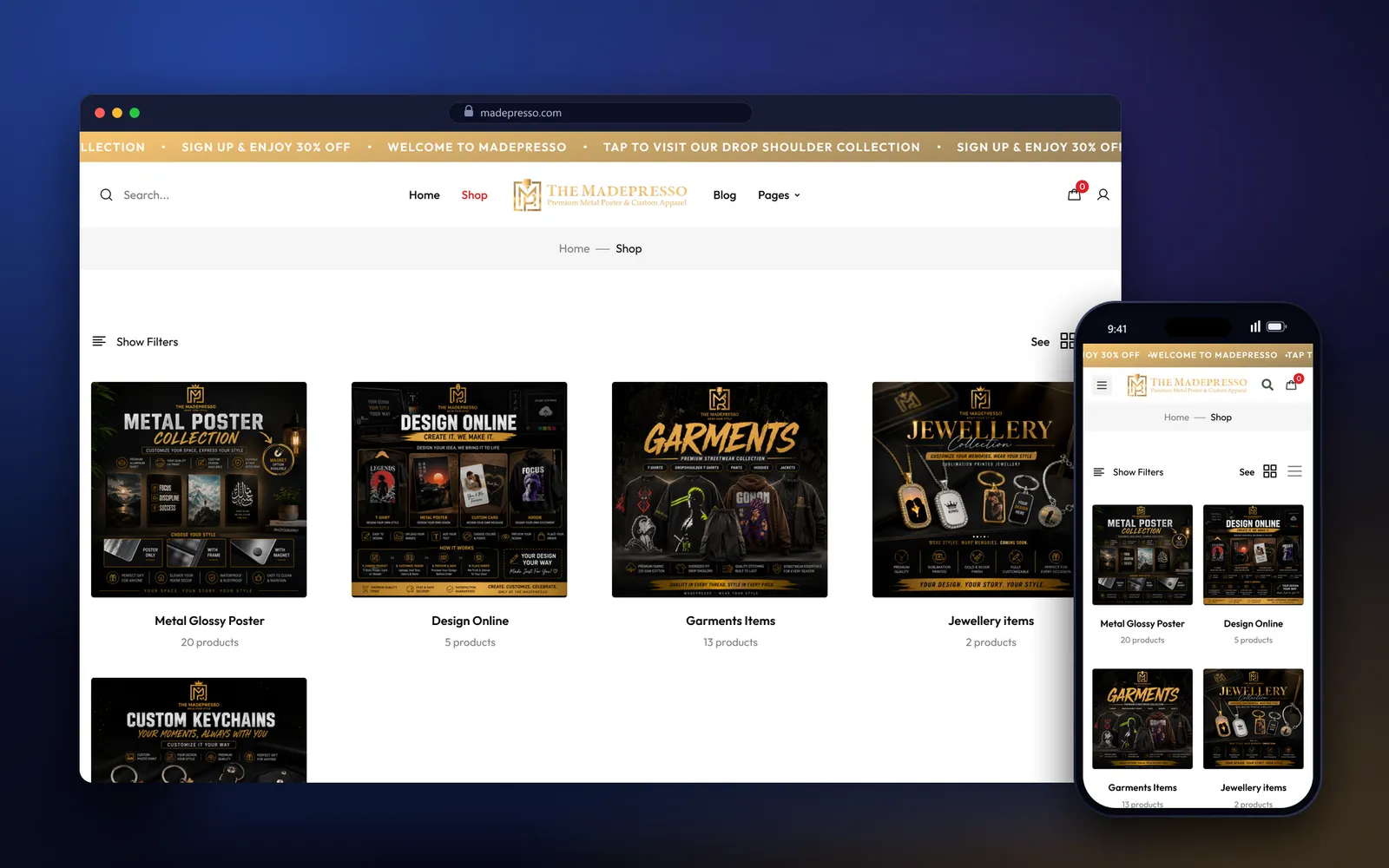 MadePresso shop page showing metal poster, design online, garments, jewellery and keyring categories