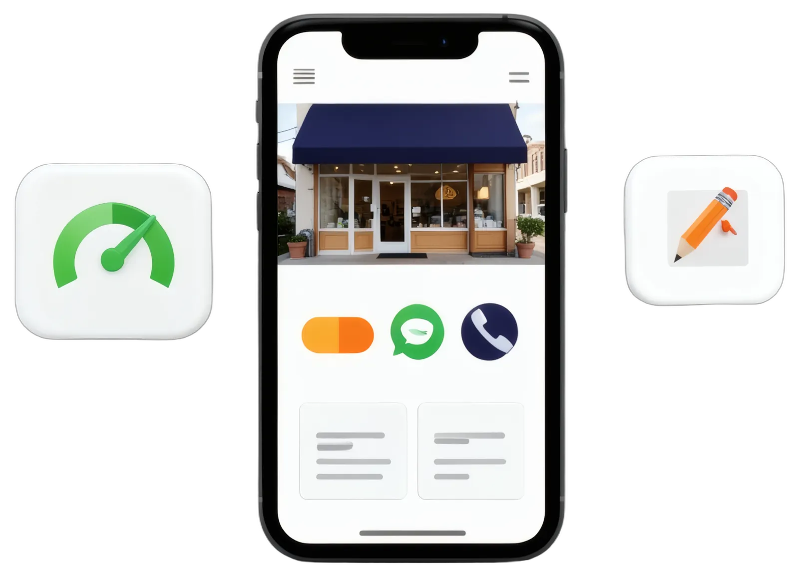 Illustration of web page design patterns: a phone showing a business website with a real shop photo and call, chat and quote buttons above the fold, a speed gauge, and a pencil editing a photo