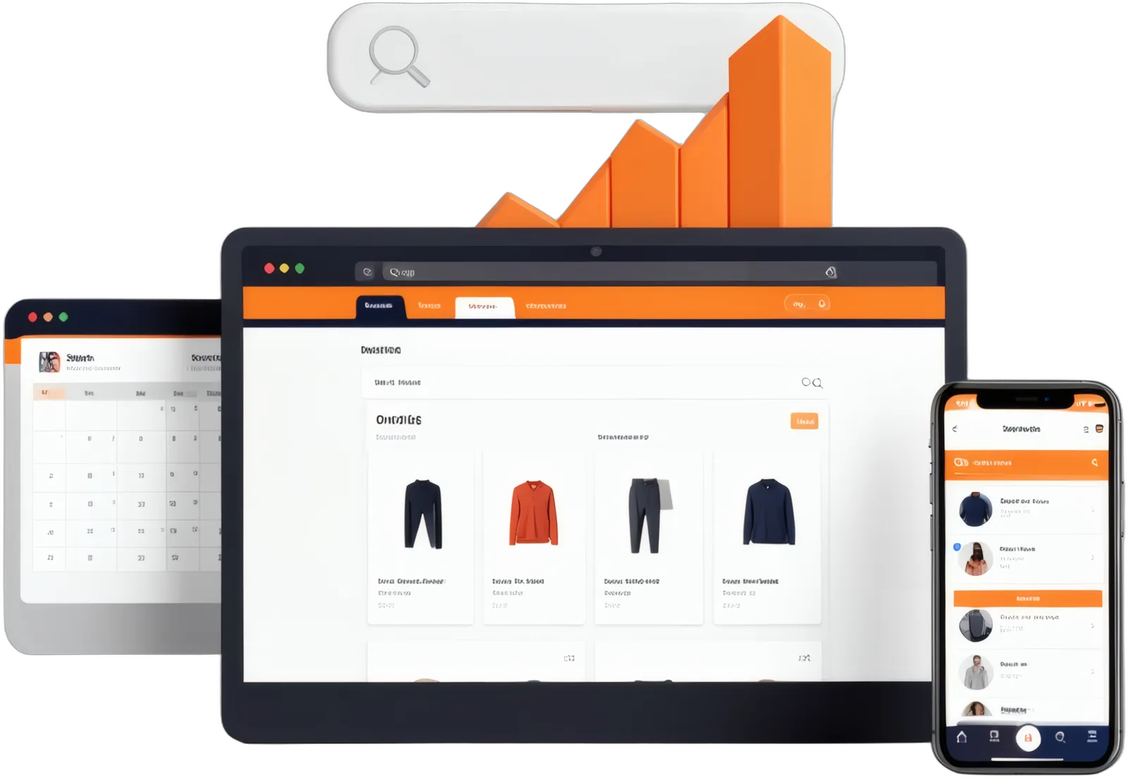 Portfolio illustration: an online store with product cards in a browser, a service booking calendar behind it, the same store on a phone, and a search bar over a rising orange chart for SEO results
