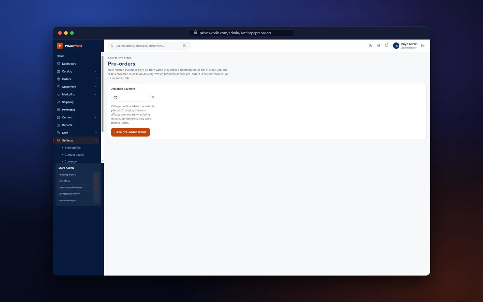 Priyo's World admin pre-order settings screen where the advance payment percentage is set to 70