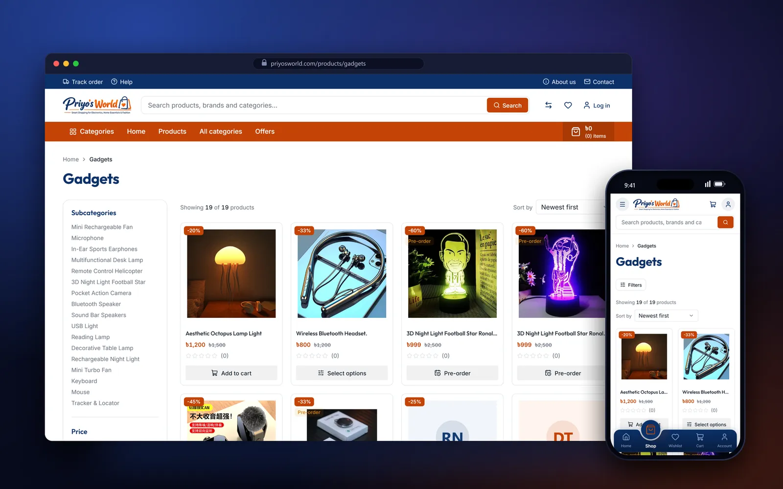 Priyo's World Gadgets category page with subcategory list, price filter and product grid, on desktop and mobile