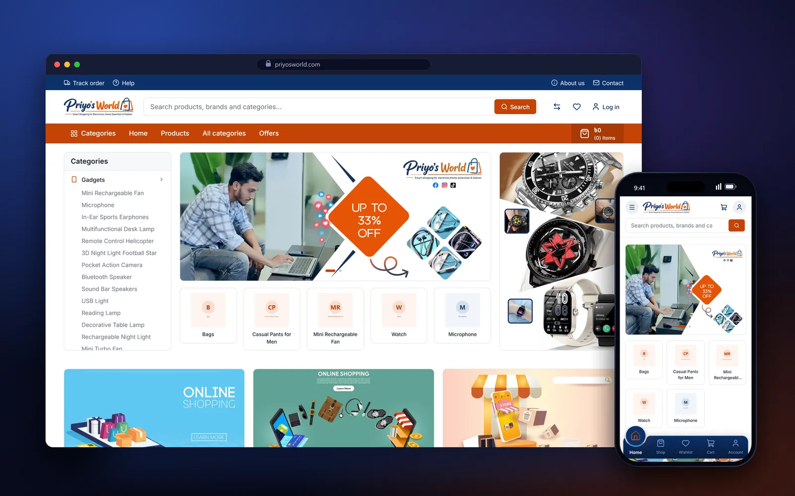 Priyo's World homepage on desktop and mobile — pre-order ecommerce website development for an import seller