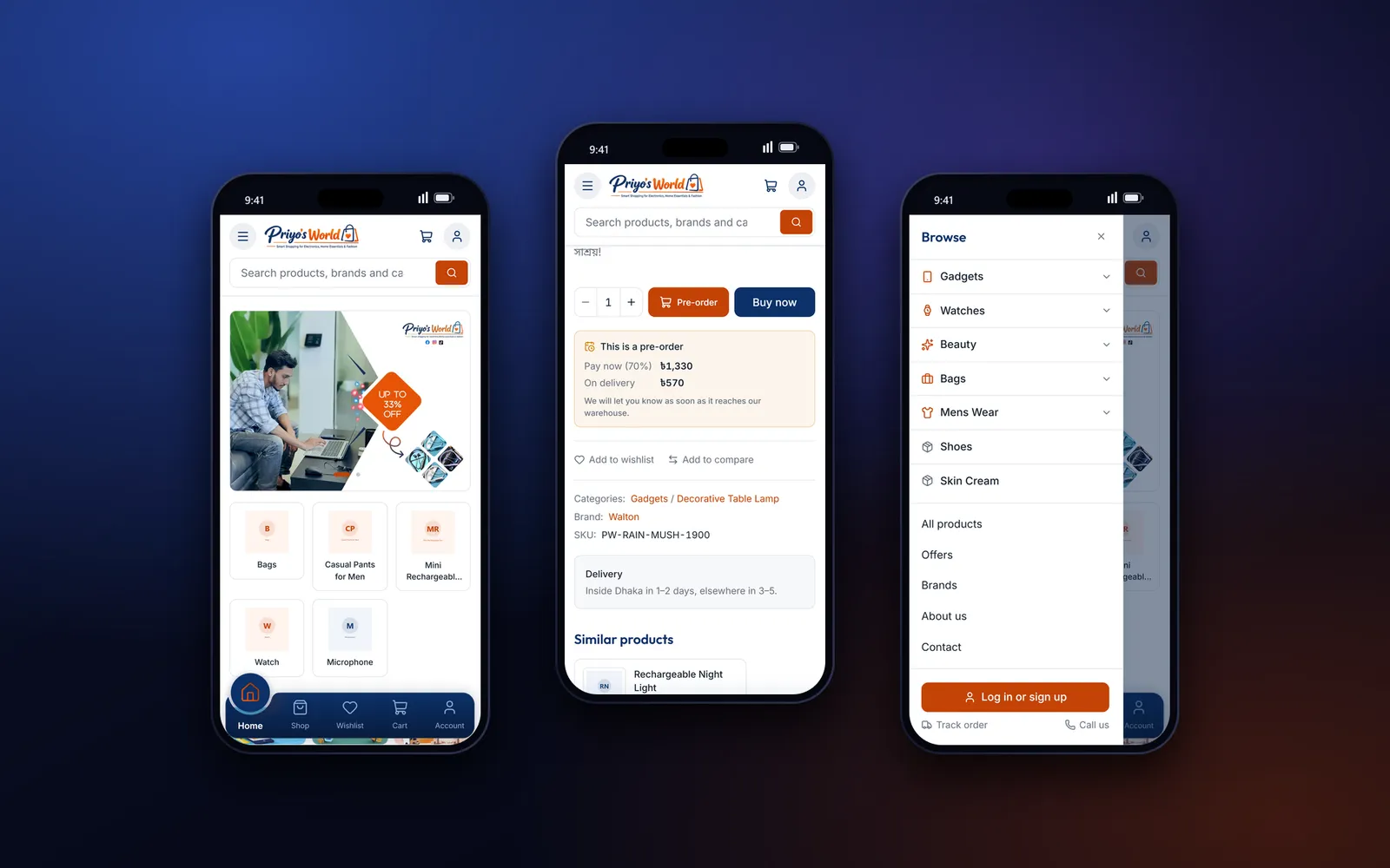 Three phone screens of Priyo's World: homepage, pre-order advance payment box and the category menu