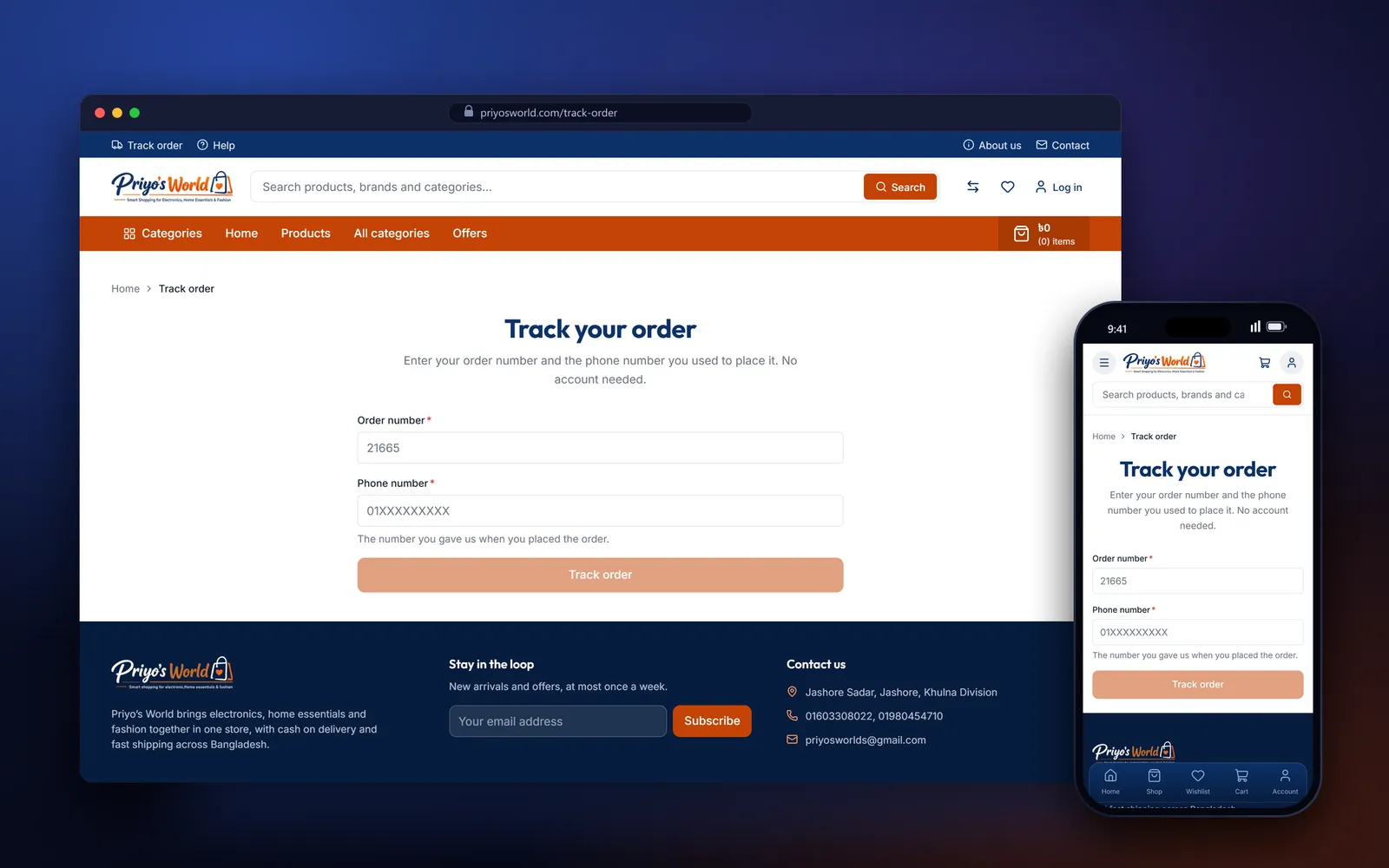Priyo's World order tracking page that asks for an order number and phone number, on desktop and mobile
