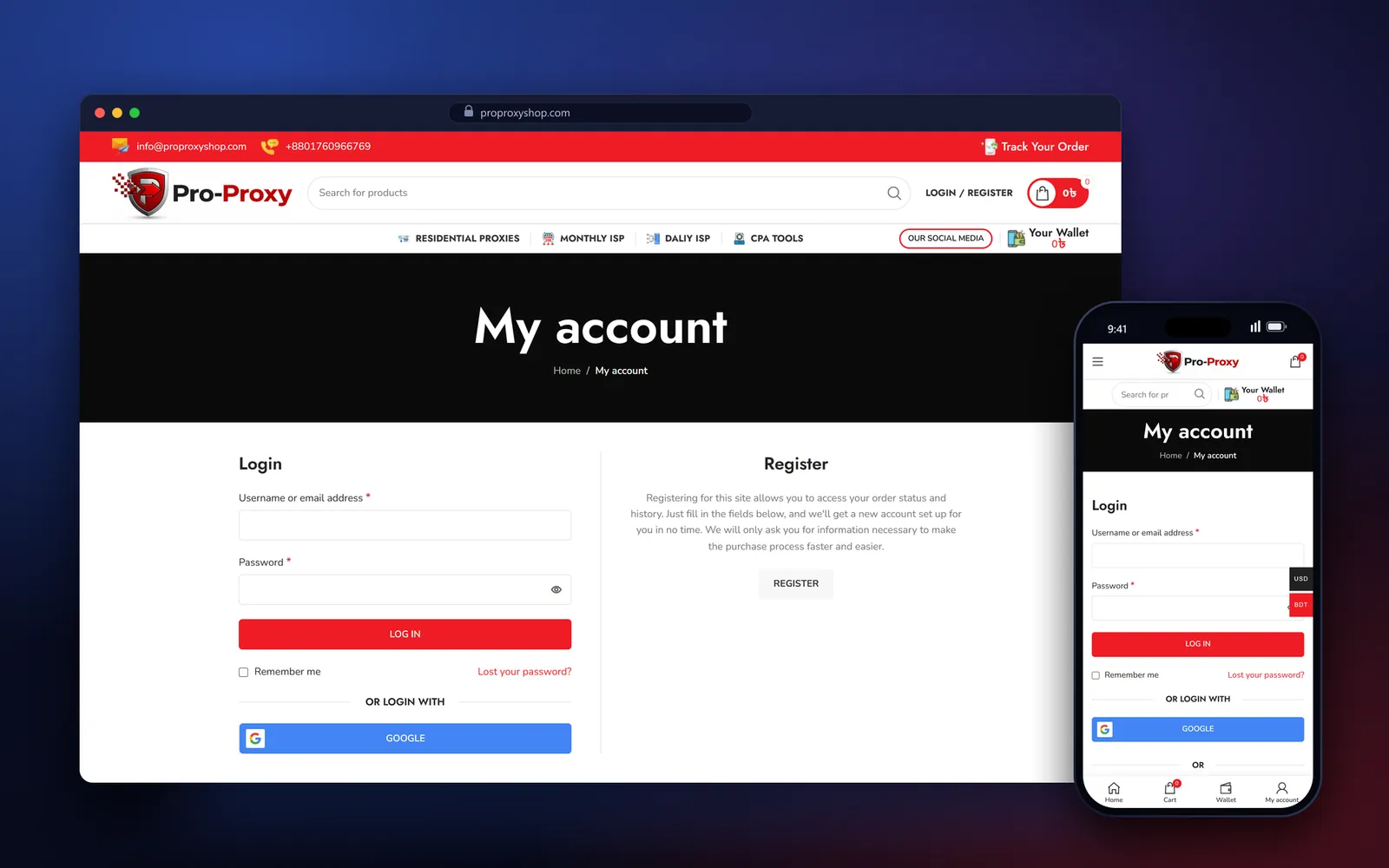 ProProxyShop my account page with login, register and Google sign-in, on desktop and mobile