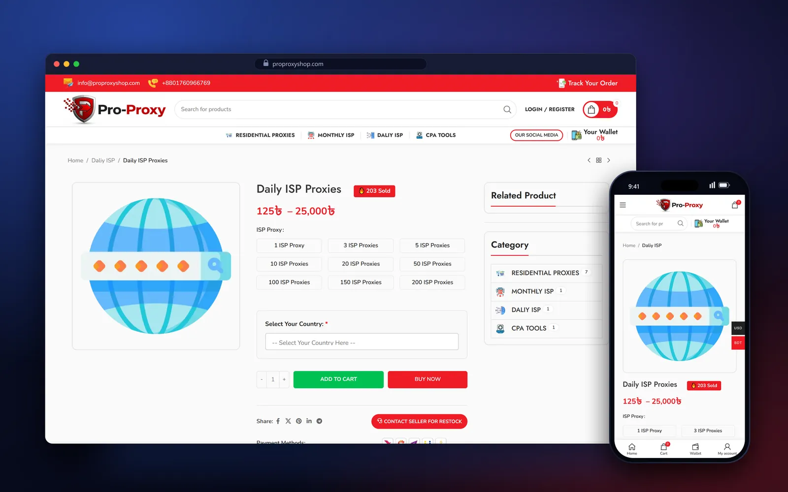 ProProxyShop Daily ISP Proxies page with quantity options from 1 to 200 and a required country dropdown
