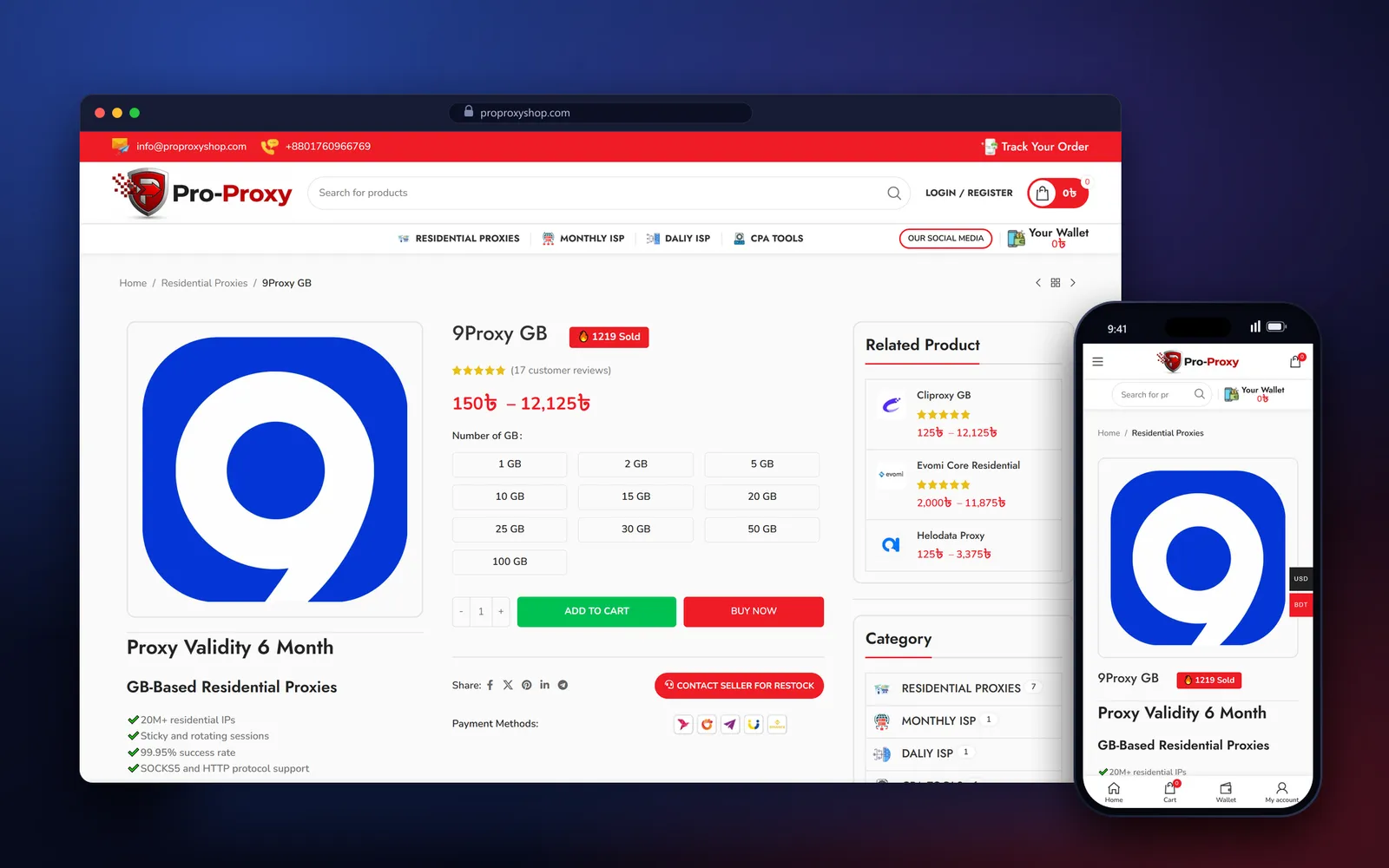 ProProxyShop 9Proxy GB product page with GB size buttons, a validity note and the cart and buy buttons