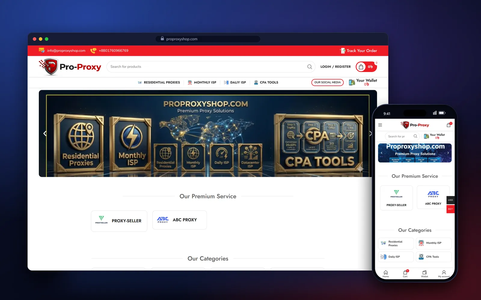ProProxyShop homepage on a laptop beside a phone — ISP proxy website development by WebDesignerBD