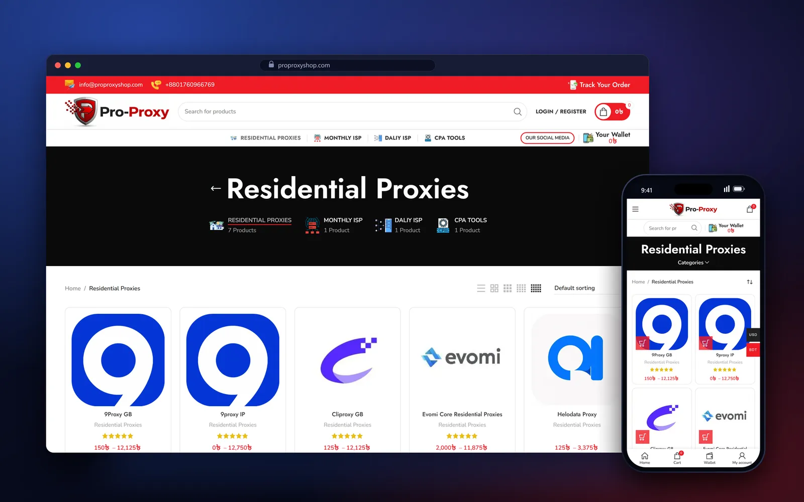 ProProxyShop residential proxies category page with brand cards for 9Proxy, Cliproxy, Evomi and Helodata