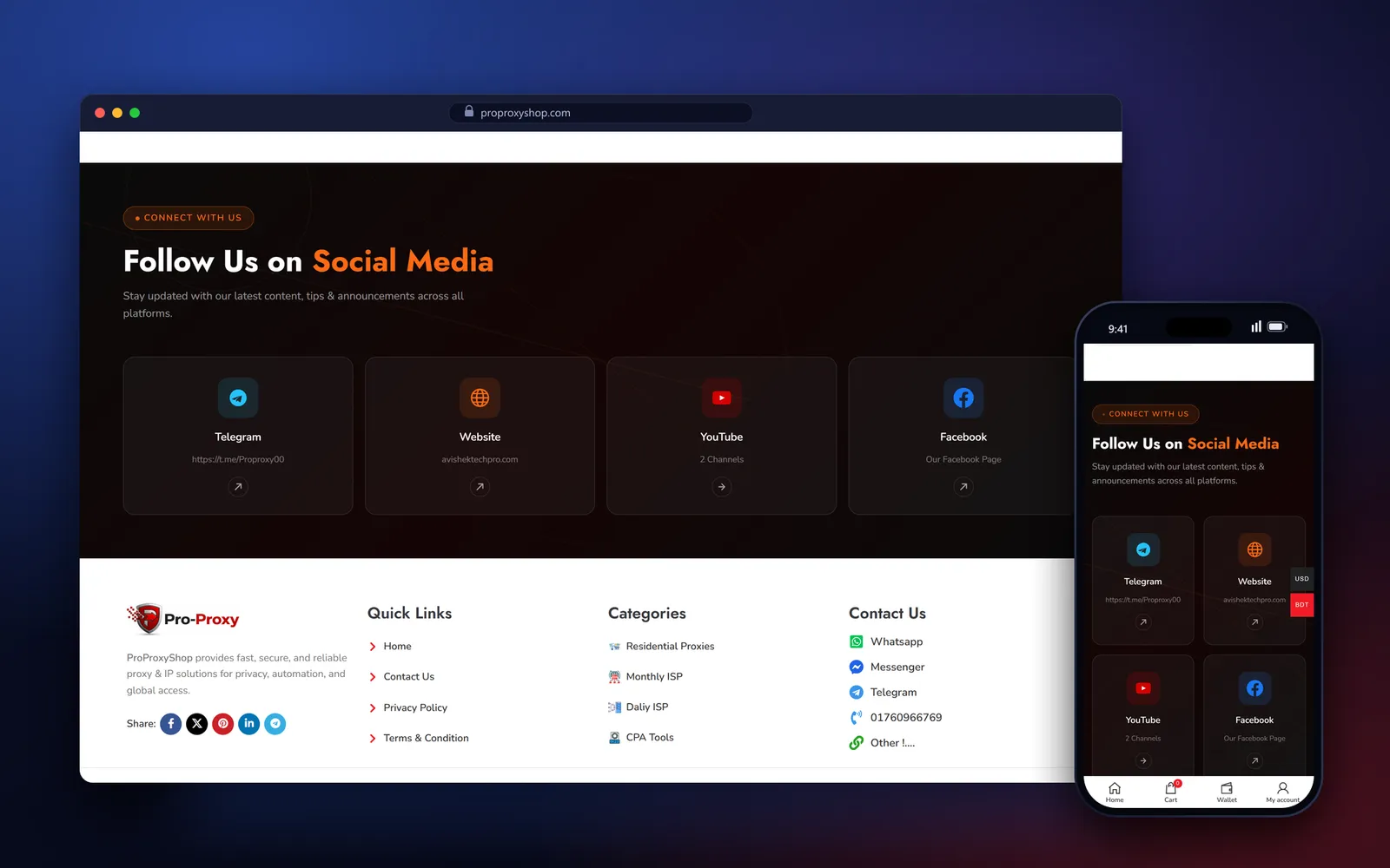 ProProxyShop social media block with Telegram, YouTube and Facebook cards above the footer links