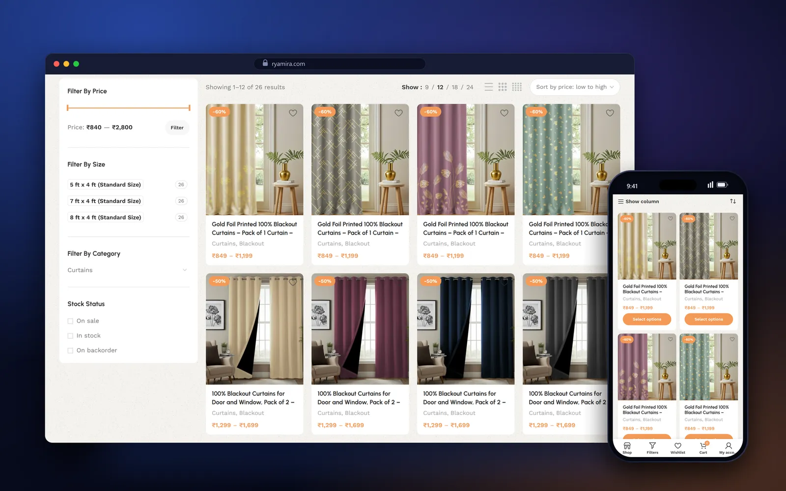 Ryamira curtains category page with price slider, curtain size filter, stock filter and a grid of curtain designs