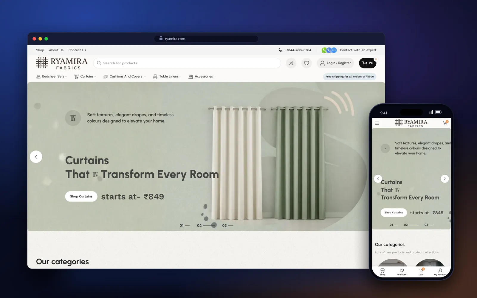 Ryamira homepage, a home furnishing ecommerce website development project by WebDesignerBD, framed as desktop and phone screens
