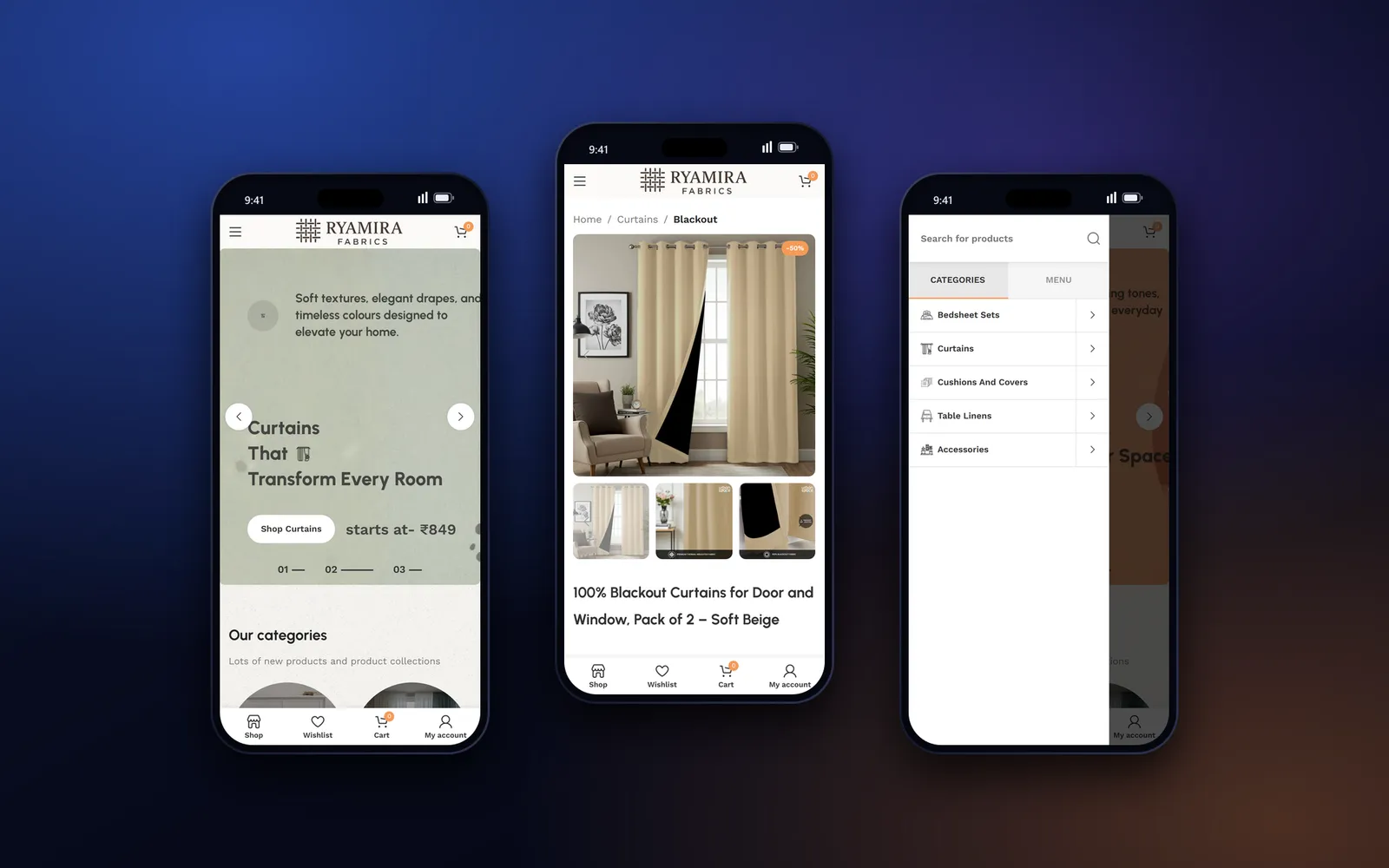 Three phone screens of the Ryamira store: homepage slider, blackout curtain product page and category menu