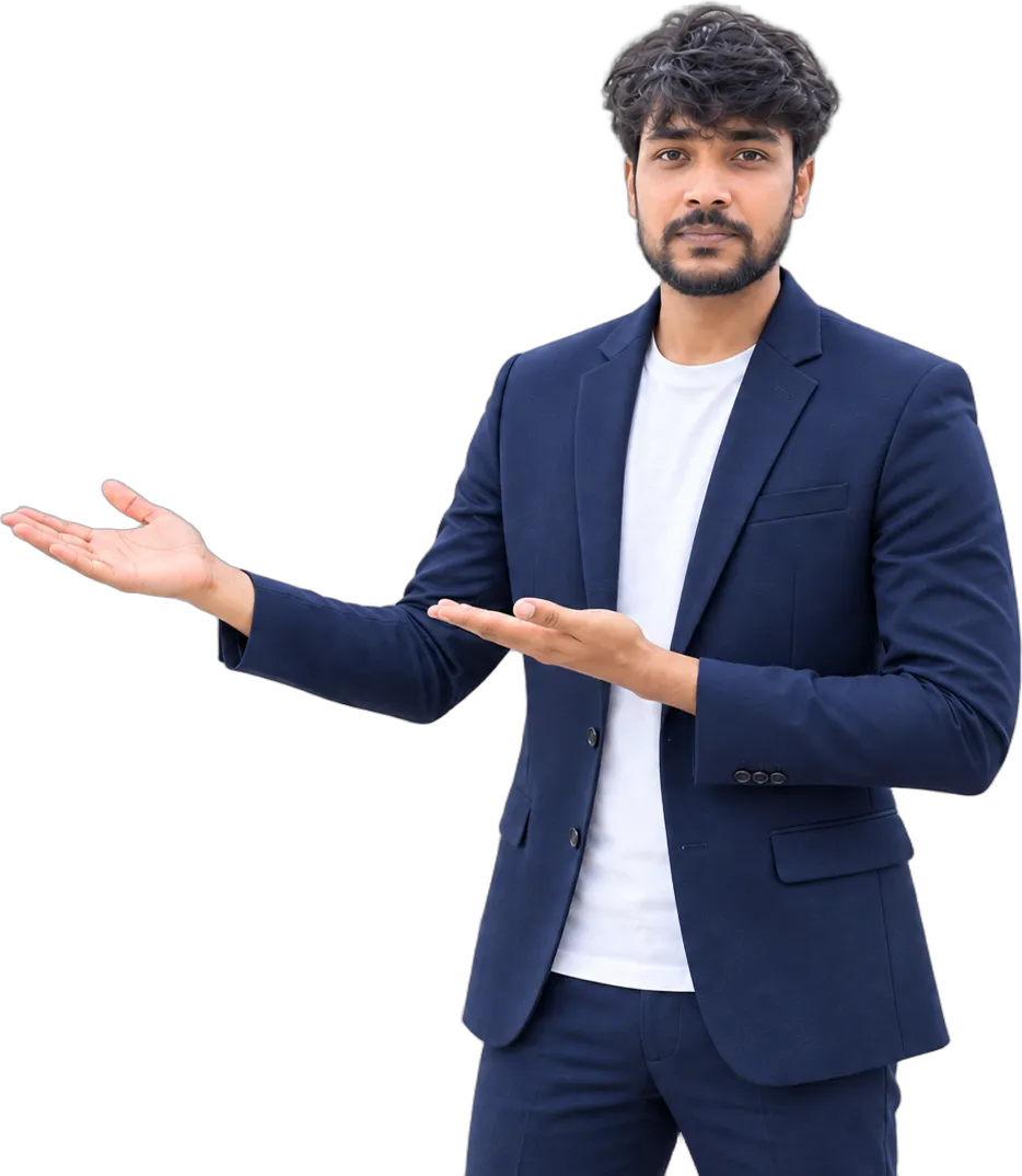 WebDesignerBD-এর প্রতিষ্ঠাতা Selimuzzaman Afridi — বাংলাদেশের একটি ওয়েব ডিজাইন কোম্পানি — খোলা হাতে দেখাচ্ছেন