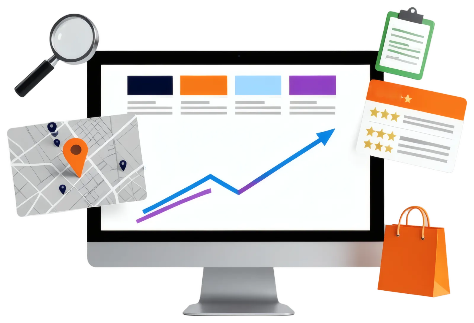 Professional SEO services illustration — a rising search traffic chart, a local map pin, star-rated search results and a technical SEO checklist