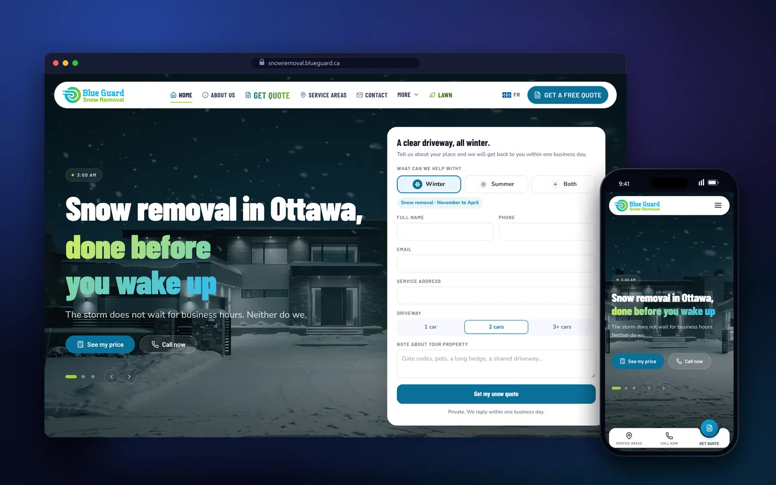 Snow removal website design for Blueguard Snow Removal in Ottawa: homepage with a night-storm hero and quote form, on laptop and phone screens