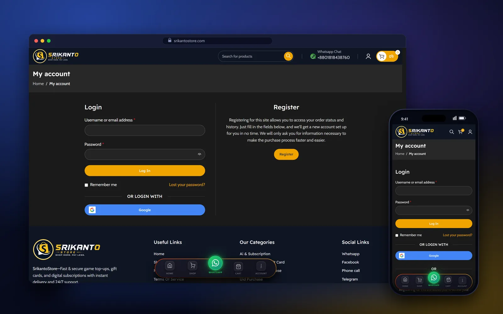 SrikantoStore account page with login, registration and sign in with Google, on desktop and mobile