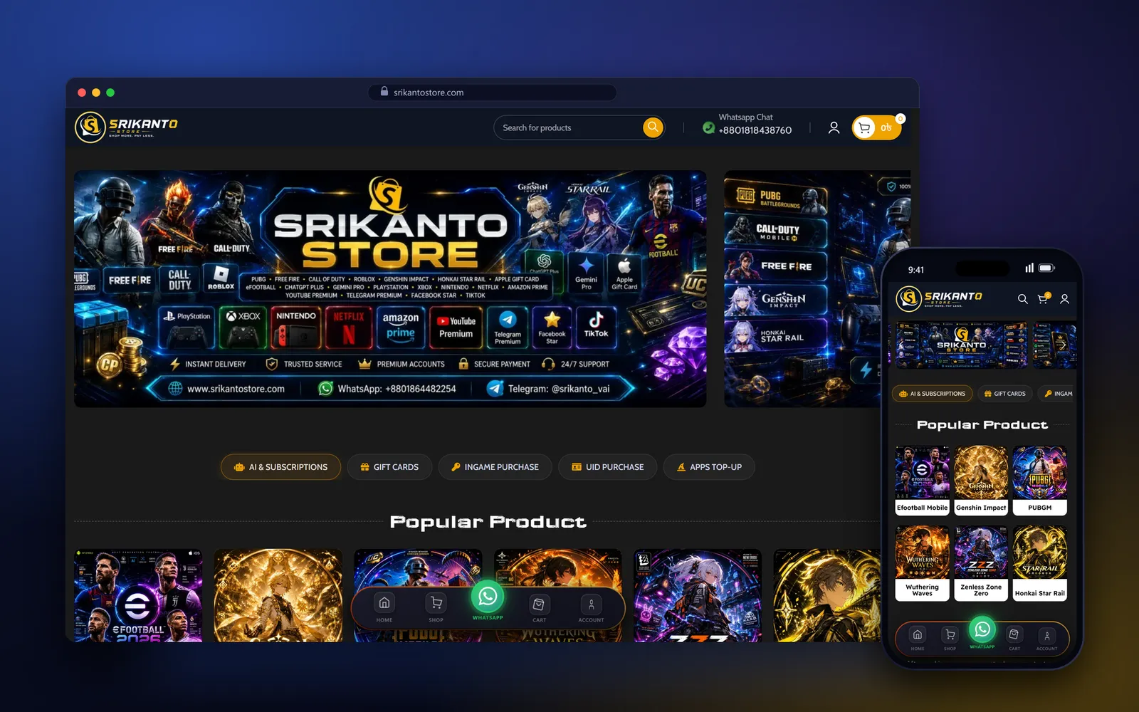 SrikantoStore homepage — game top-up website development by WebDesignerBD, shown in desktop and phone frames