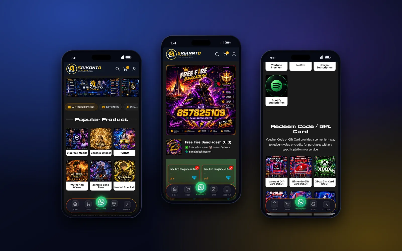 Three phone screens of SrikantoStore: homepage, Free Fire top-up packages and the gift card section