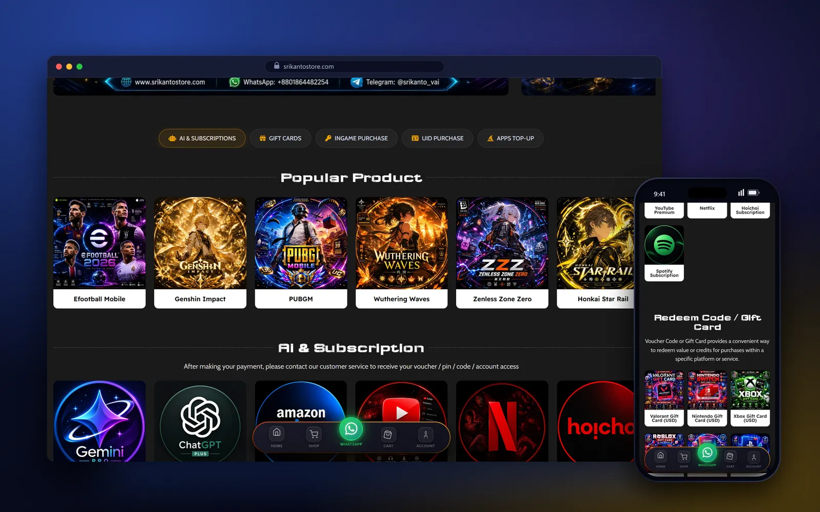 SrikantoStore homepage sections for popular games, AI and streaming subscriptions and gift cards, on desktop and mobile